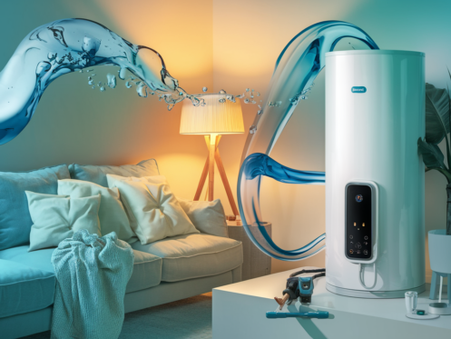 A modern, energy-efficient water heater in a cozy home setting with HVAC tools nearby, symbolizing warmth, comfort, and professional service.