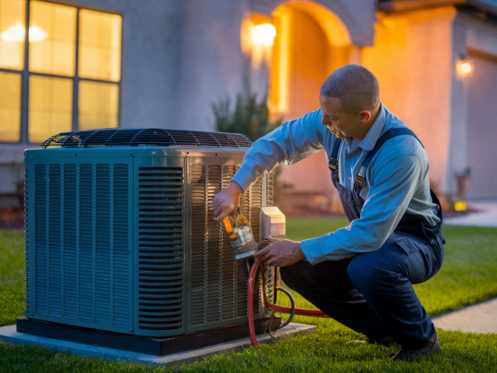 A professional HVAC technician inspects a central air conditioning unit outside a suburban Texas home at dusk, highlighting expertise and reliability.