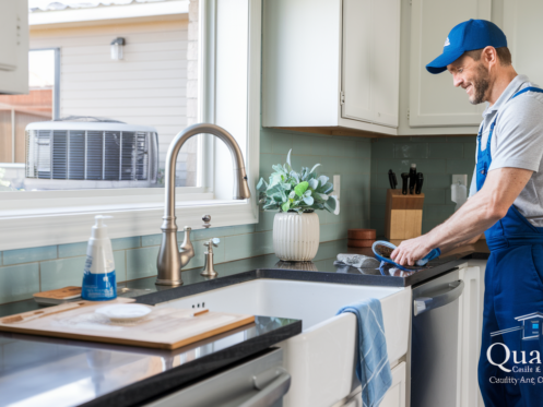 A modern kitchen in a Texas home with a clean sink, an HVAC technician working outside, and a central air conditioning unit visible through a window.