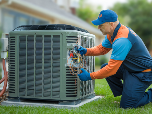 A professional HVAC technician inspects an outdoor central air conditioning unit at a suburban home, wearing branded attire in cool blues and warm oranges.