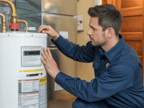 HVAC technician inspecting a water heater in a basement, representing professional service.