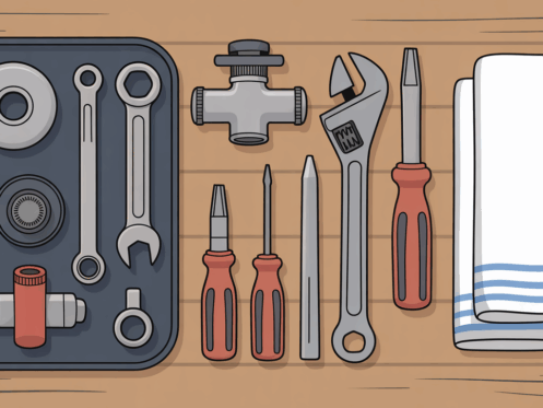 A plumbing toolkit with tools and materials for toilet valve repair on a workbench.