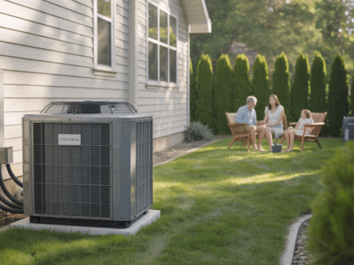 A central HVAC unit beside a house, with a family enjoying their backyard, illustrating home comfort.