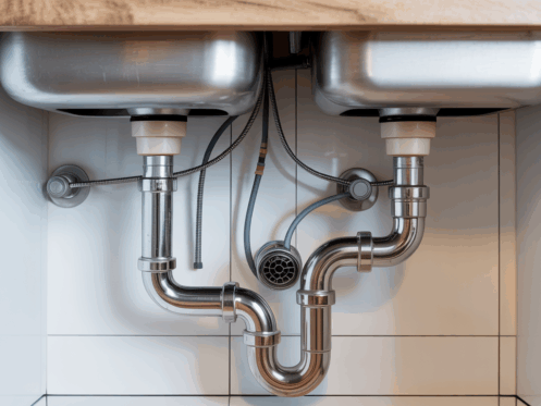 Close-up of a plumbing system with a drain screen under a kitchen sink, highlighting clean pipes.