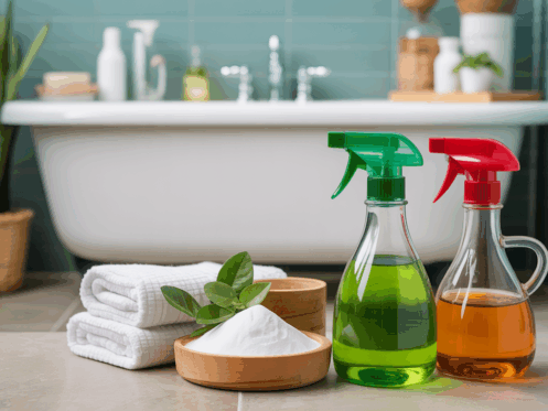 Natural cleaning supplies in a bathroom for unclogging drains.