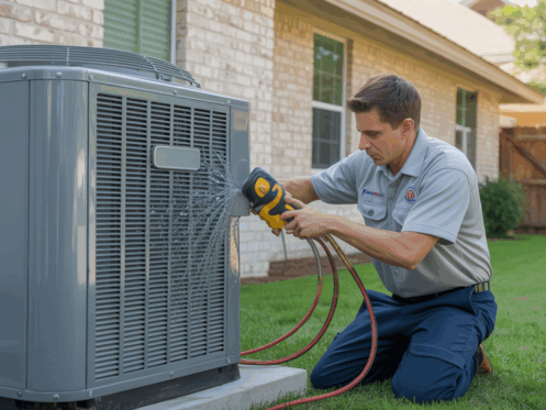 HVAC technician cleaning AC coils in a Texas backyard.