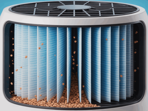 An air purifier filter capturing dust and allergens, showing the importance of filter changes.
