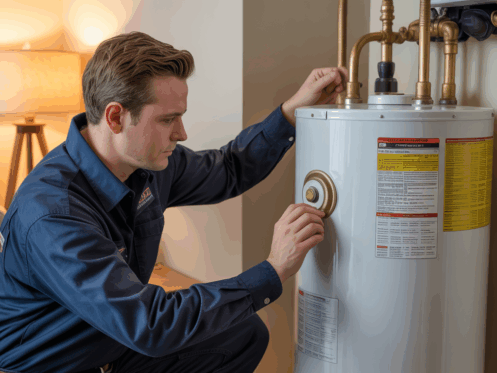 An HVAC technician inspecting a gas hot water heater in a home, showcasing careful maintenance work.