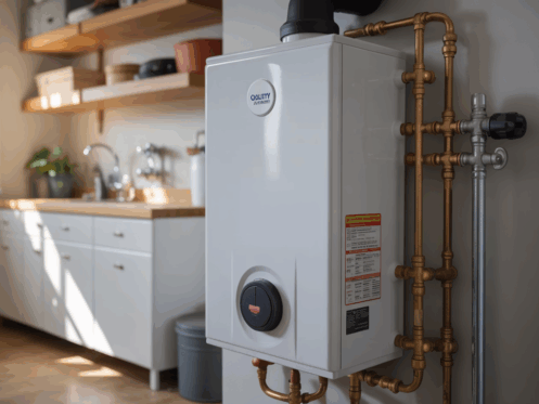 Compact tankless hot water heater in a tidy utility room.