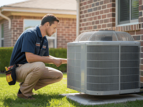 An HVAC technician inspecting a central air conditioning unit outside a suburban home in Texas.
