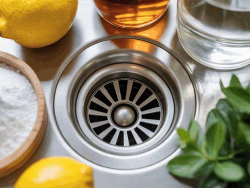 A kitchen sink with a drain cover and eco-friendly cleaning supplies like baking soda and lemon nearby.