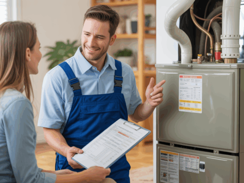 Technician discussing furnace repair with a homeowner in a welcoming home setting.