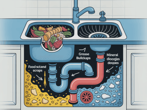 Cutaway view of kitchen plumbing showing blockage causes like food scraps and grease.
