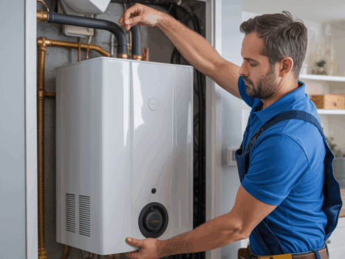 Technician installing a tankless water heater in a modern utility room.