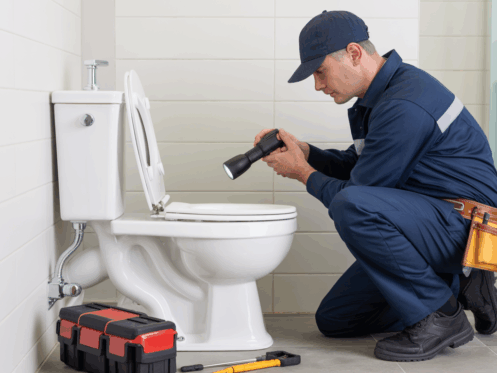 A plumber in uniform inspecting a toilet tank in a modern bathroom, using a flashlight with tools on the floor.