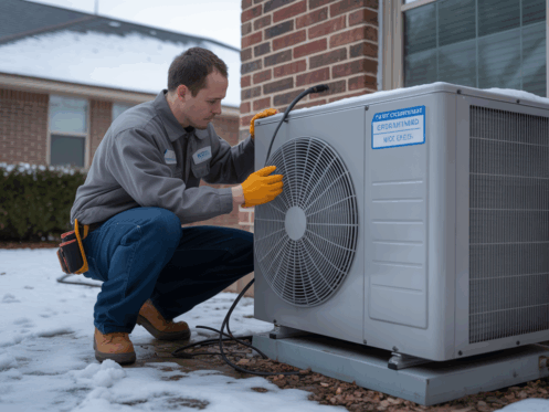 HVAC technician inspecting a central heating unit in a snowy Texas neighborhood.