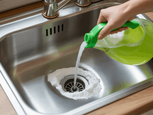 Eco-friendly cleaning materials like baking soda and salt near a kitchen sink.