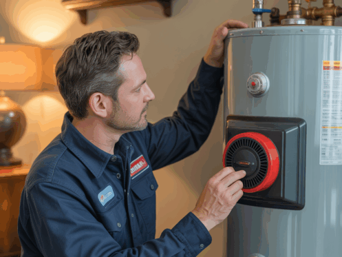 An HVAC technician inspecting a gas water heater, highlighting components such as the burner and thermostat in a home environment.