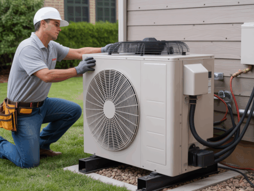 HVAC technician installing a central heat pump unit outside a suburban home.
