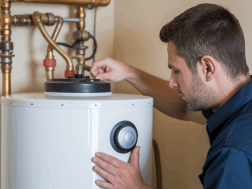 A technician inspecting a hot water heater in a home, checking its components for maintenance.