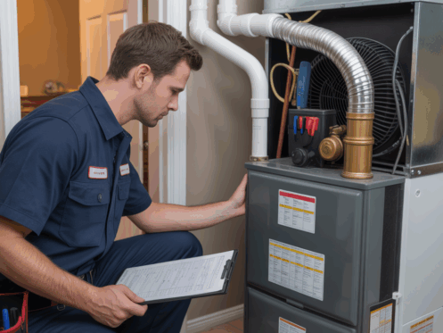 An HVAC technician inspecting a central furnace unit inside a home, emphasizing maintenance and repair.