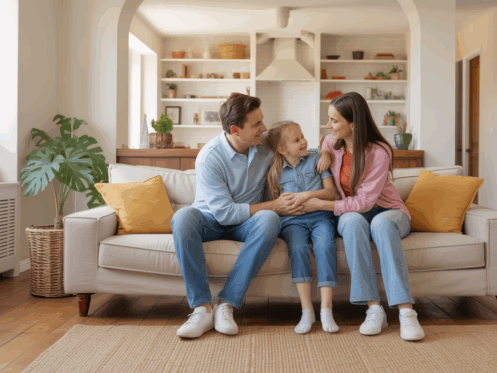 Family relaxing in a living room with a visible central HVAC vent, symbolizing comfort.