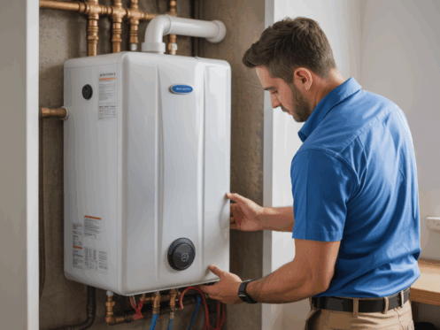 A technician installing a tankless water heater in a modern home utility room.