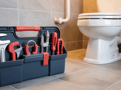 A toolbox with plumbing tools on a bathroom floor, representing preparedness and professionalism.
