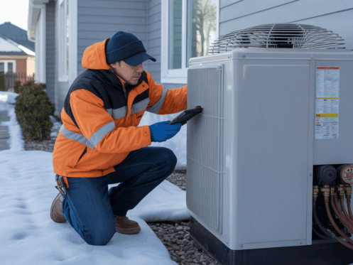 HVAC technician inspecting a central heating unit outside a home during winter.