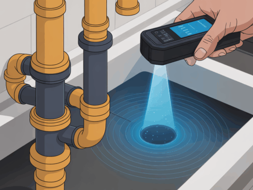 Acoustic leak detection device in use on a home's plumbing system.