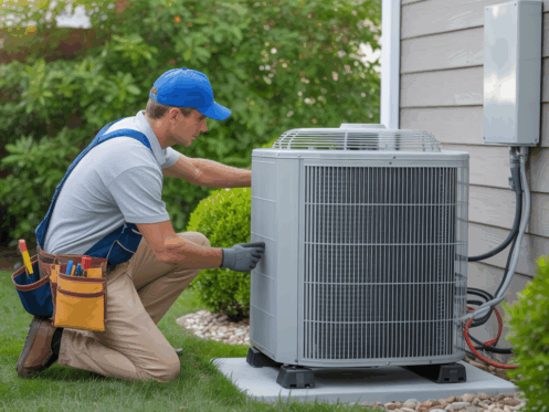 HVAC technician installing a central air conditioning unit outside a suburban home.