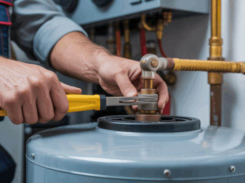 Technician's hands using tools on a water heater, emphasizing safety and precision in maintenance.