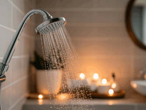 A steaming showerhead in a cozy bathroom.