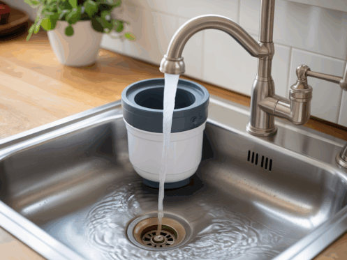 Water flowing smoothly down a kitchen sink with a visible garbage disposal unit.