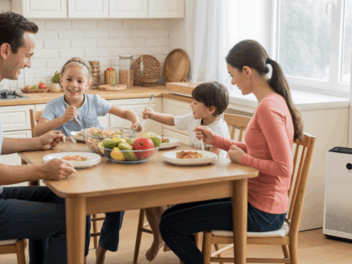 Family dining in a well-ventilated kitchen with an air purifier, highlighting a healthy home environment.