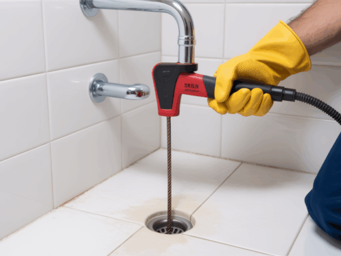 A plumber using a drain snake to clear a shower drain, emphasizing the tools and method.