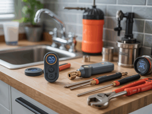 Modern plumbing tools and smart leak detectors on a workbench, demonstrating technological integration.