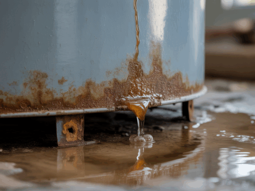 Hot water tank with corrosion and water pooling at the base.
