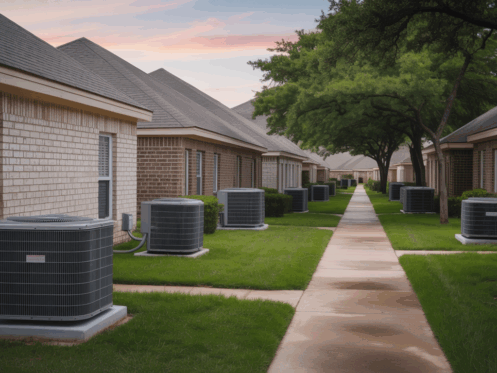 A residential neighborhood in Texas with homes featuring central air conditioning units.