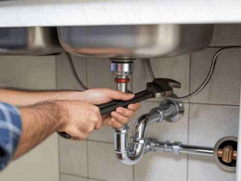 Plumber's hands using a wrench to tighten a pipe joint under a sink.