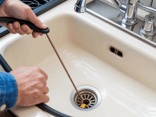Hands of a technician using a drain snake in a kitchen sink.