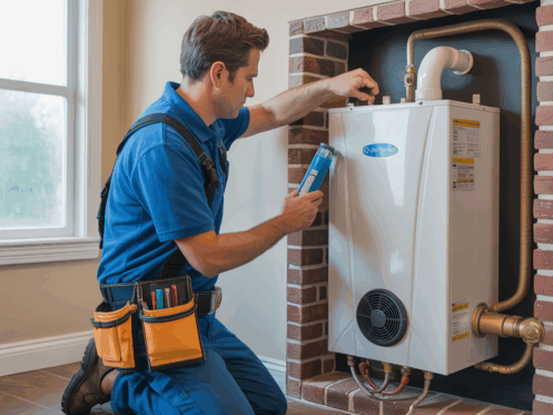 An HVAC technician servicing a tankless water heater inside a home, demonstrating professional maintenance.