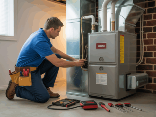 An HVAC technician inspecting a central heating furnace in a basement, surrounded by tools.