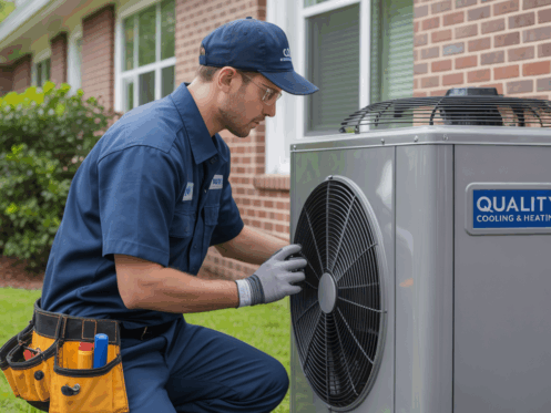 A HVAC technician working on a central HVAC unit outside a suburban home.