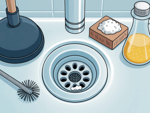 Illustration of a shower drain with clogs and tools for unclogging, set in a modern bathroom.