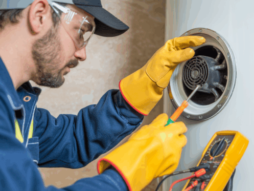 HVAC technician safely replacing a water heater element with tools in a residential setting.