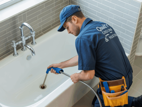 A plumber in uniform using a snake tool to clear a bathtub drain in a modern bathroom.