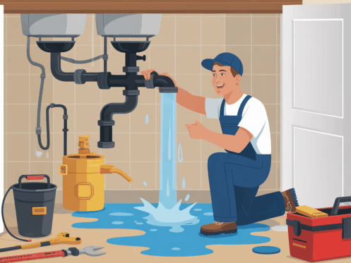 A plumber responding to a burst pipe in a basement, illustrating quick emergency plumbing service.