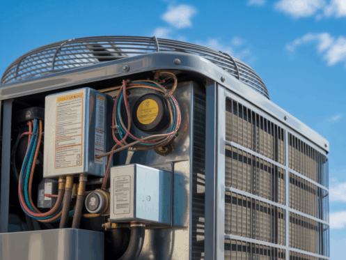 Central air conditioning unit with cover removed, revealing internal components like coils and wiring.