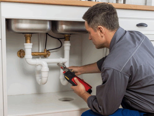 A technician checking plumbing pipes under a kitchen sink.